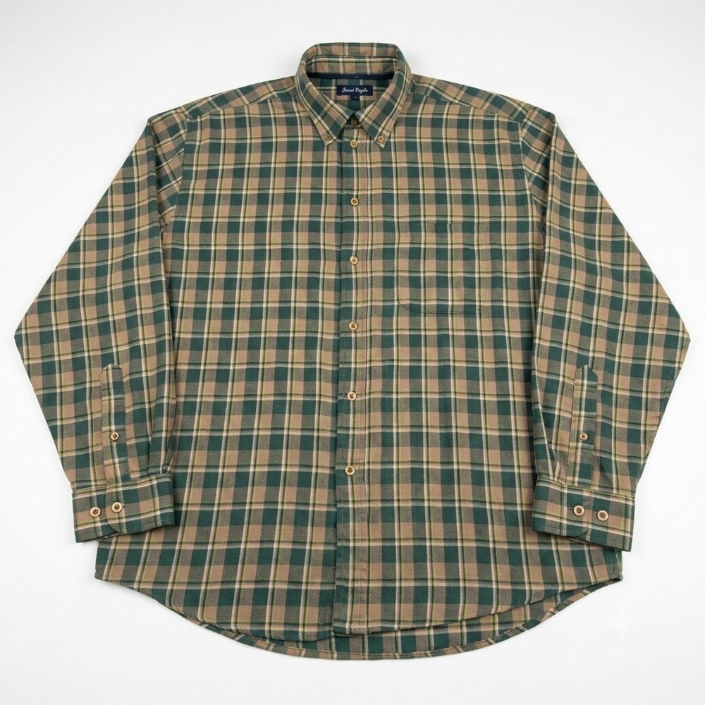James Pringle Men Large L Plaid Button Down‎ Shirt Green Brown Long Sleeve Poly